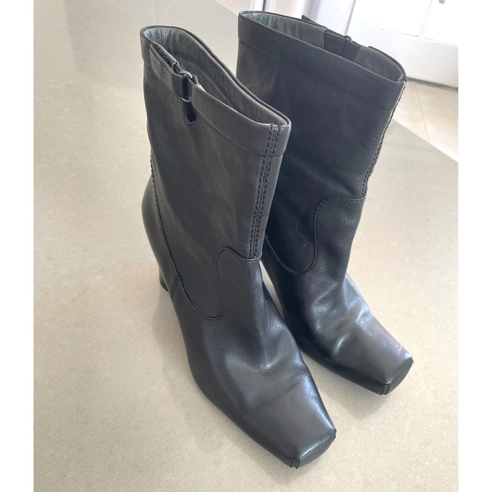 Biviel Italian Black Leather Square Toe Block Heel Ankle Boots  Size 40 US 9